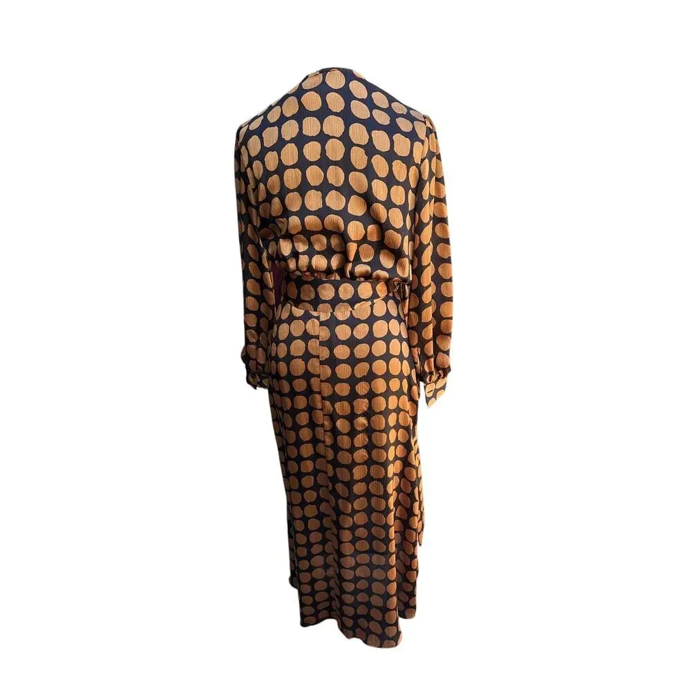 MNG Mango Black Caramel Geometric Print Wrap Midi Dress Long Sleeve Small